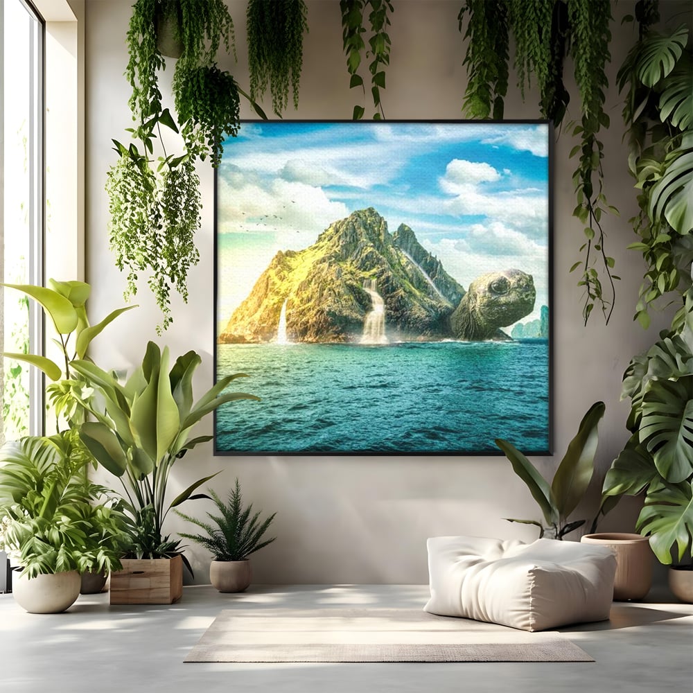 Tablou canvas cu ilustratie digitala cu o insula testoasa, in rama de aluminiu negru